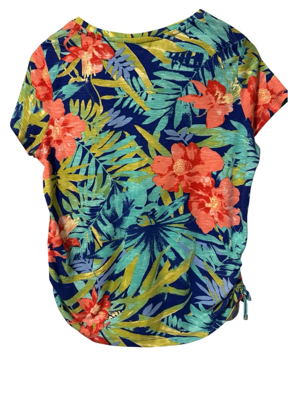 Fresh Tropical Floral V-Neck Tee with Side Tie Size PL - Picture 2 of 4